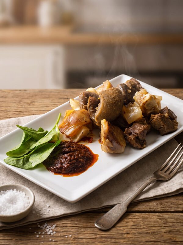 Spicy Cow Foot & Mixed Goat Meat with Choice of Jollof or Fried Rice
