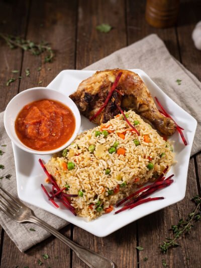 Vegetable-fried-rice-with-quarter-grilled-chicken at aircuisinedishes