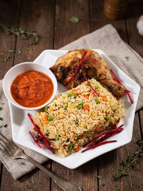 Vegetable-fried-rice-with-quarter-grilled-chicken at aircuisinedishes